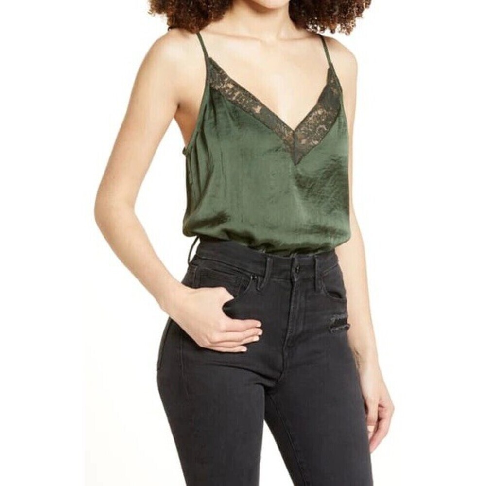 SOCIALITE Women's Lace Trim Satin Bodysuit Size S in Olive Green Army